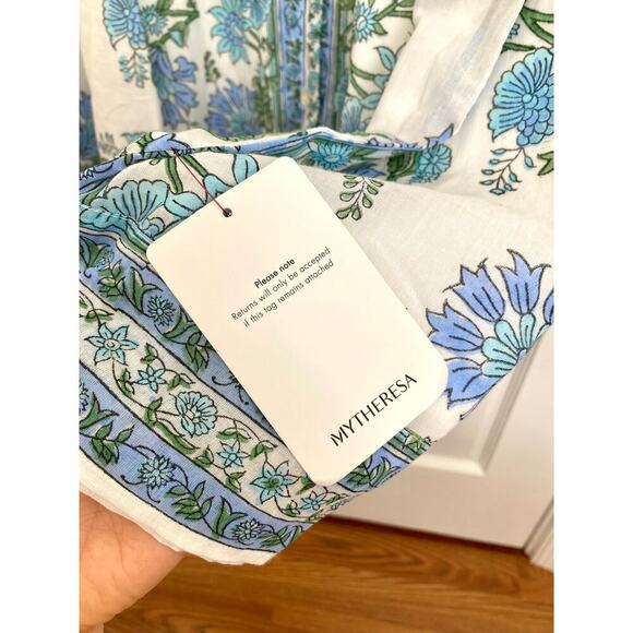 Juliet Dunn Tuckernuck Blue Rose Border Tie Shoulder Midi Button Cotton Dress - Picture 12 of 16